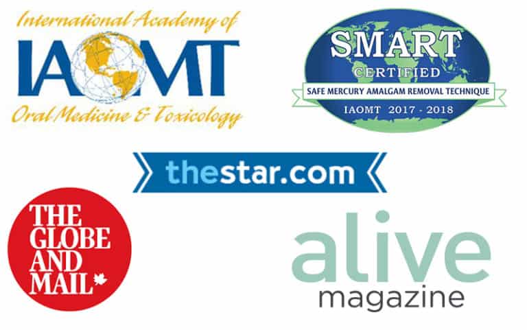 Logos from publications featuring Dr. Ali Farahani: IAOMT, SMART, Toronto Star, Alive Magazine, Globe and Mail